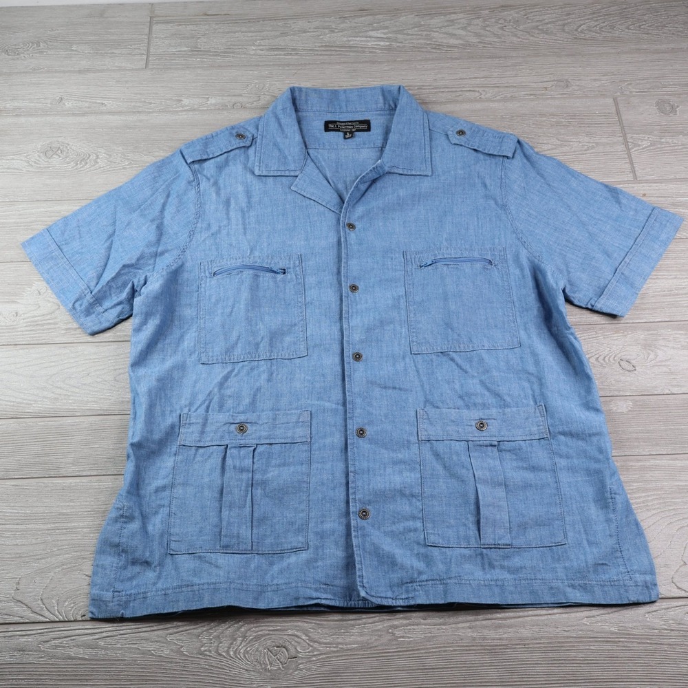 J. Peterman Safari Utility Shirt Men's L Blue Chambray Camp Collar